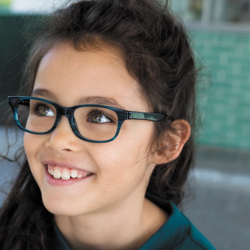 Children's glasses -  Red - girl smiling teeth