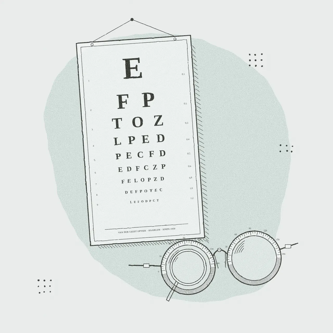 Gravure van een letterkaart met een pasbril ervoor, oogmeting in Haarlem bij Van der Geest Optiek