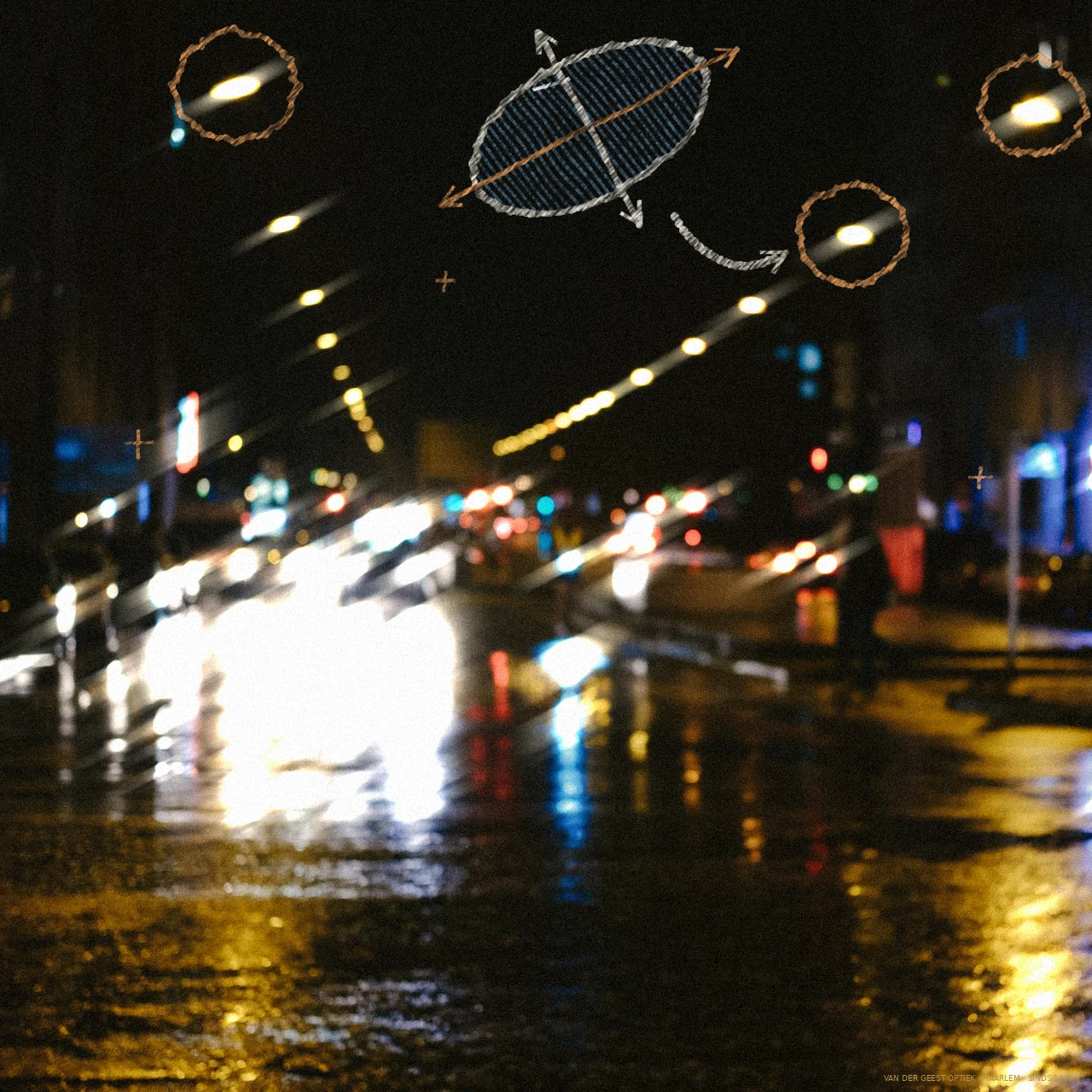 Natte straat bij nacht waarin alle lantaarns in één richting zijn uitgerekt, zoals je lampen ziet met astigmatisme, met een getekend ovaal hoornvlies met twee assen