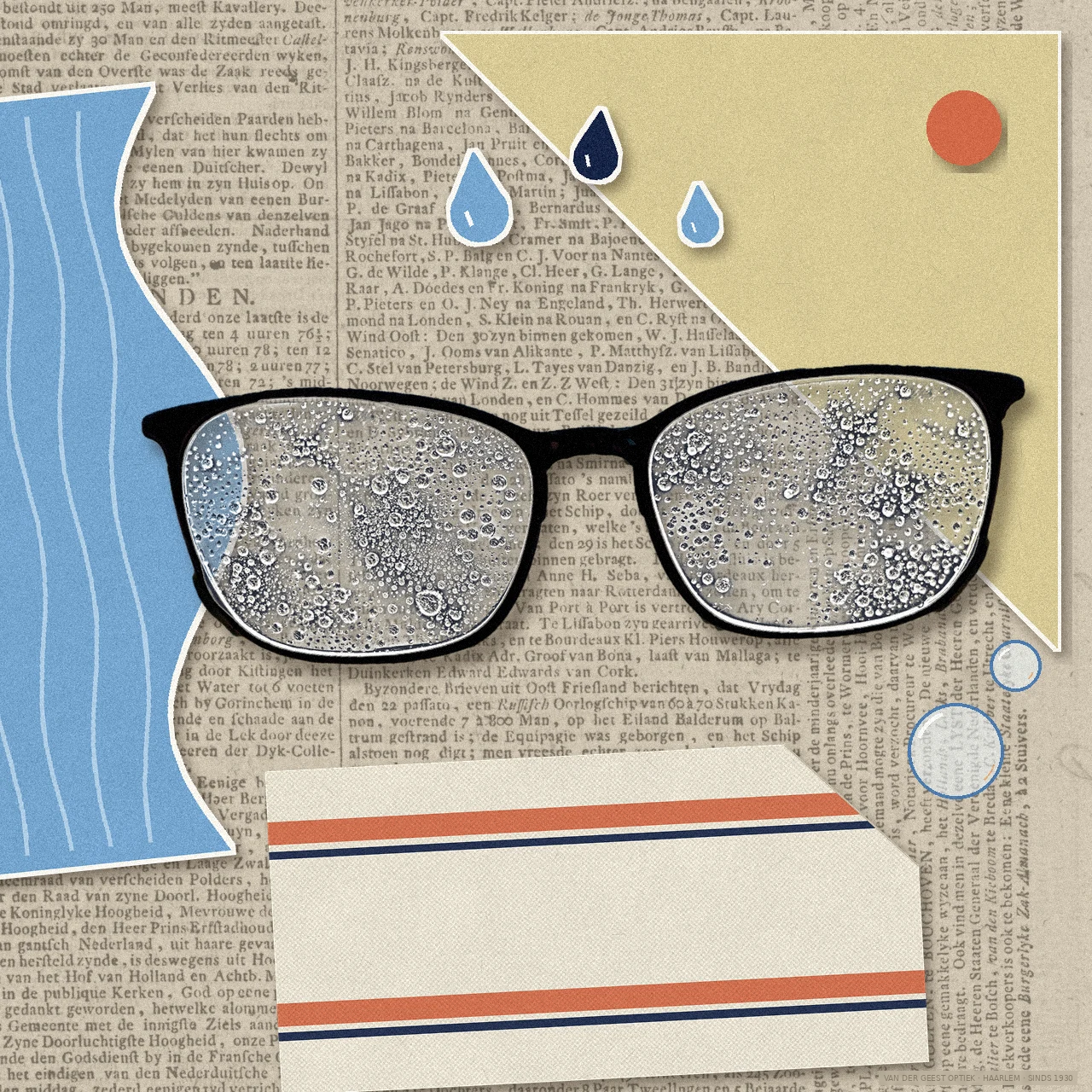 bftb21_03 Collage van een bril met waterdruppels op de doorzichtige glazen, met papieren water, druppels, zeepbellen en een gestreepte katoenen theedoek op een oude Haarlemse krant
