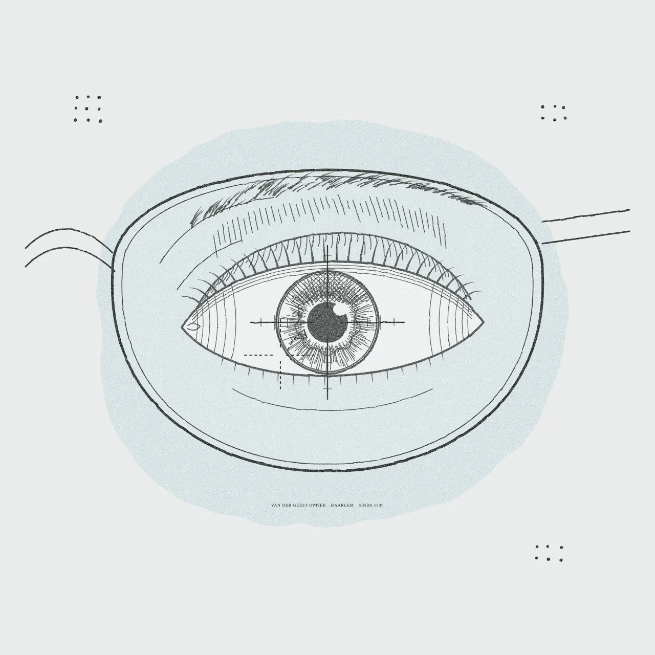 bftb21_03 Brillenglazen centreren: gravure van een oog achter een brillenglas met een centreerkruisje op de pupil, Van der Geest Optiek