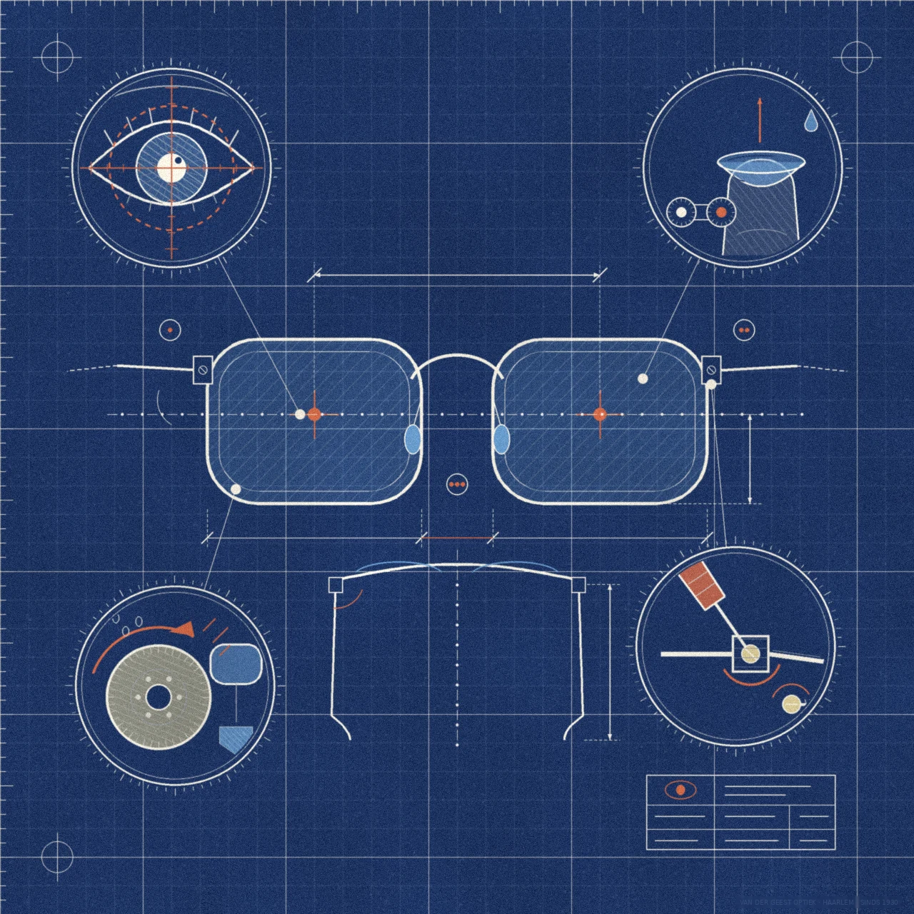 bftb21_03 Blauwdruk van een bril met maatlijnen en vier detailcirkels: oogmeting, contactlens op een vingertop, glas slijpen en een bril repareren. Diensten opticien Haarlem.
