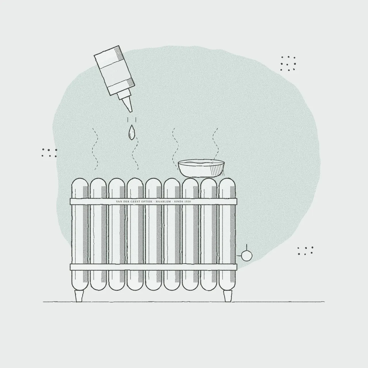 bftb21_03 Gravure van een radiator met een bakje water en een flesje oogdruppels, tips tegen droge ogen van Van der Geest Optiek