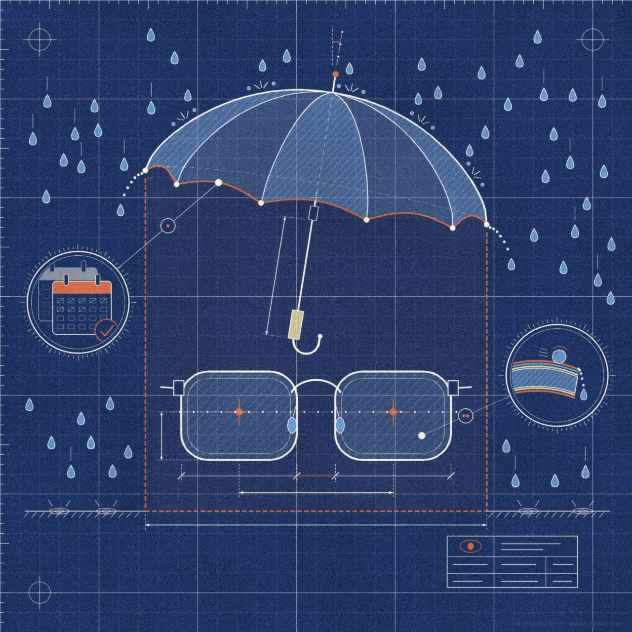 Blauwdruk van een bril die droog blijft onder een paraplu terwijl de regen afketst