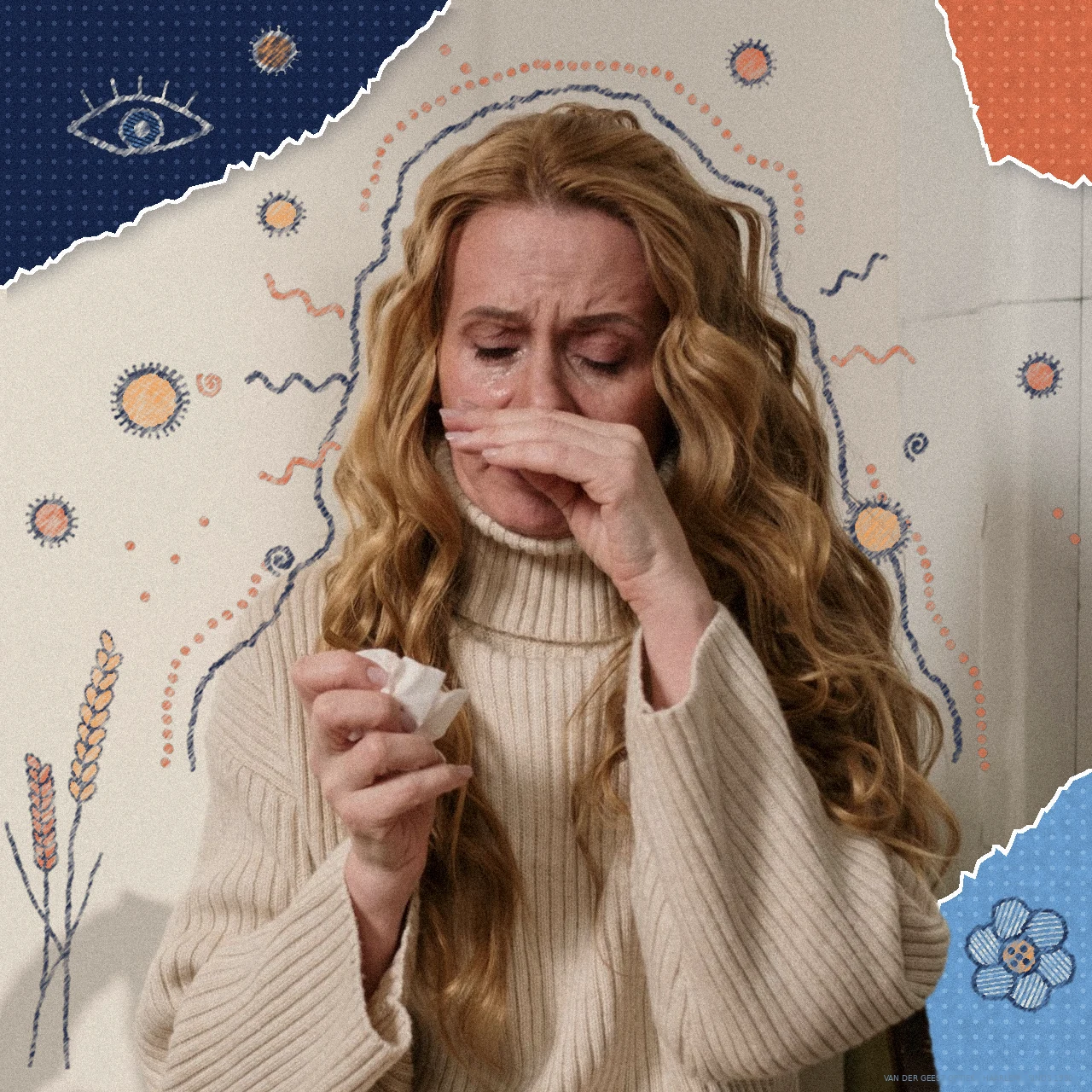 Vrouw met een zakdoekje knijpt haar ogen samen, met krijttekeningen van pollen, grassprietjes en kriebellijntjes, als beeld bij jeukende ogen door allergie