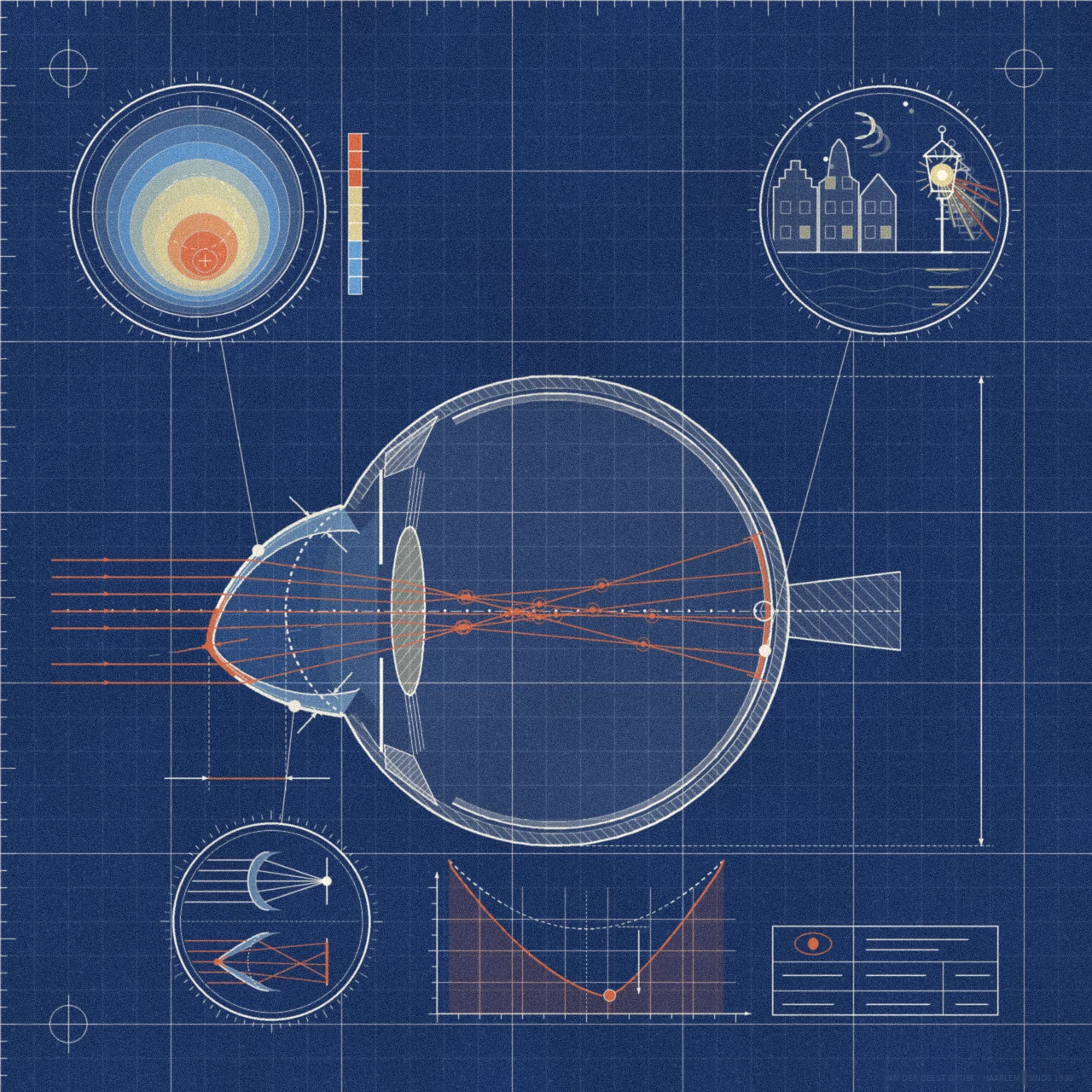 Blauwdruktekening van een oog met keratoconus: het hoornvlies is kegelvormig, lichtstralen komen niet in één punt samen, met een hoornvlieskaart en vervormd zicht