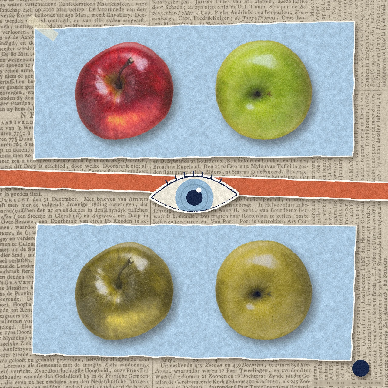 bftb21_03 Collage over kleurenblindheid: een rode en een groene appel in echte kleur en daaronder dezelfde appels zoals iemand met rood-groen kleurenblindheid ze ziet, met een papieren oog