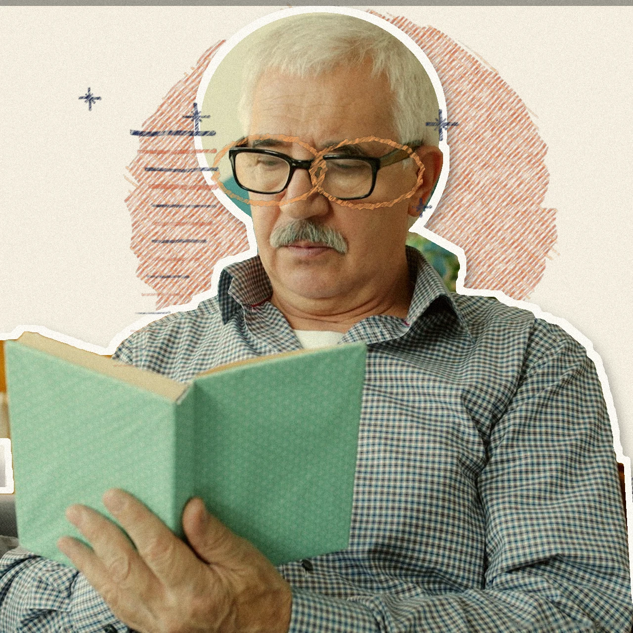 bftb21_03 Man leest een boek met zijn leesbril op, uitgeknipt als sticker op crème papier met een terracotta krijtvlek