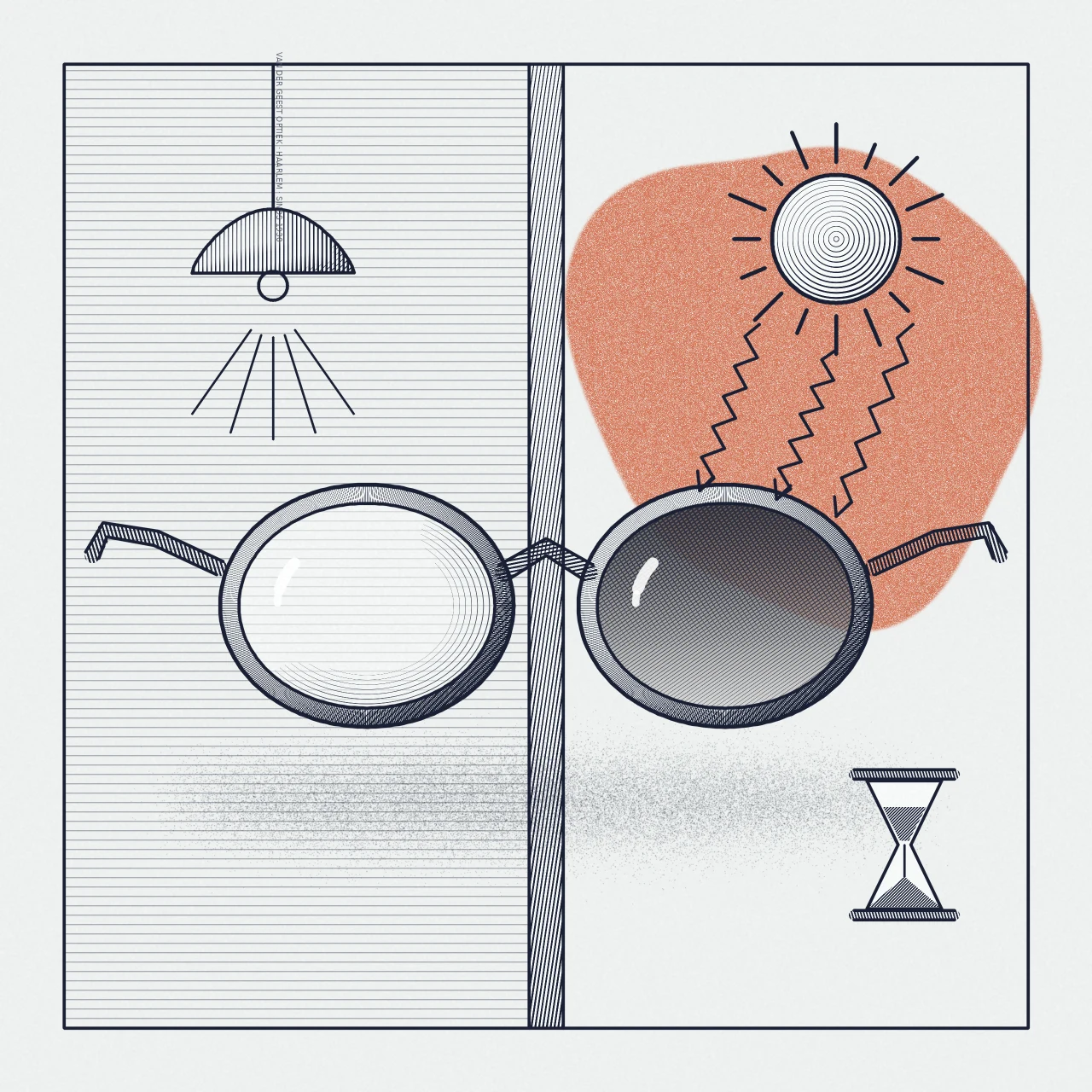Gravure van een bril op de grens van binnen en buiten: onder de lamp blijft het glas helder, in de zon kleurt het andere glas donker door UV-licht