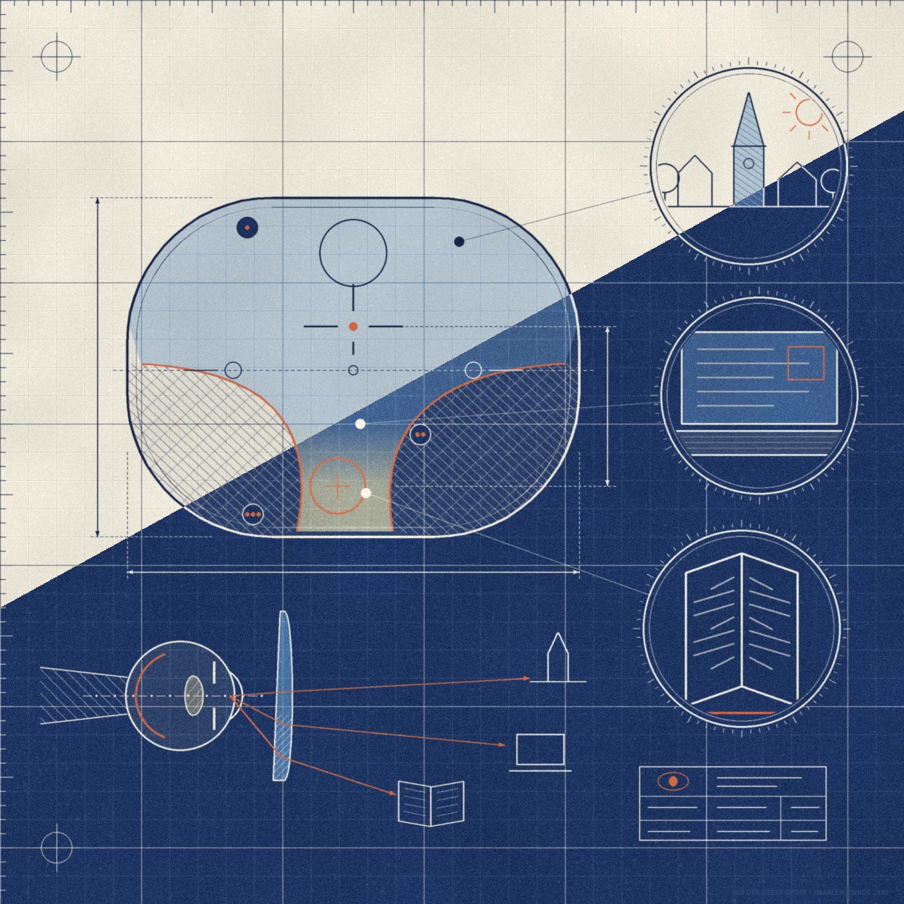 bftb21_03 Technische tekening van een multifocaal brillenglas met de zones voor veraf, tussenafstand en dichtbij, en een oog dat door het glas naar de verte, een scherm en een boek kijkt