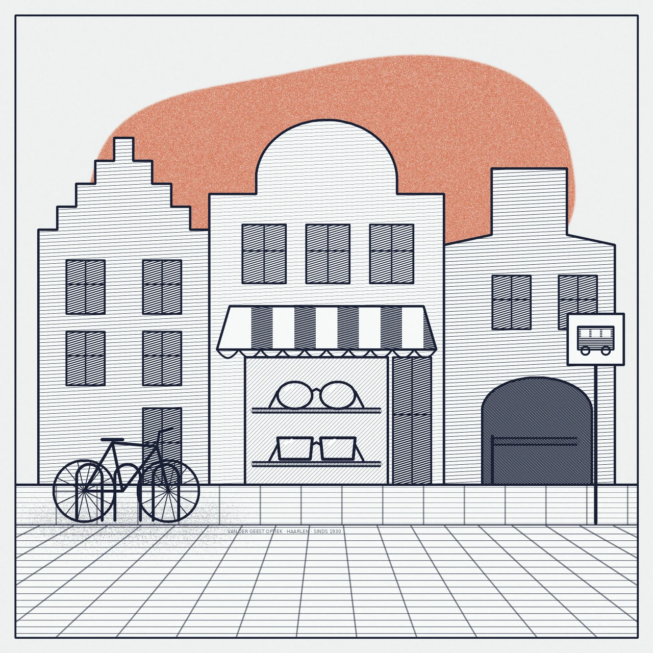 bftb21_03 Gravure van een winkelstraat met Hollandse gevels, een opticienwinkel met gestreepte luifel en brillen in de etalage, een fiets bij het fietsenrek, een parkeergarage-ingang en een bushalte.