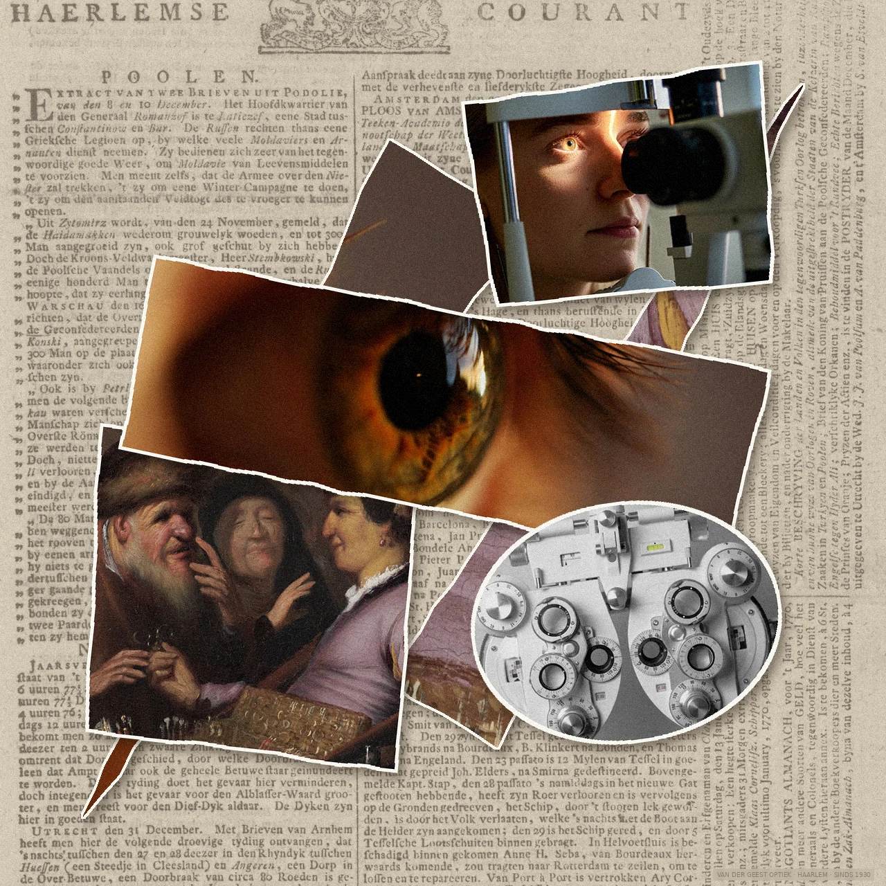 bftb21_03 Opticien, optometrist of oogarts: collage op een Haarlemse krant van 1770 met een oog, een foropter, een slitlamp en Rembrandts brillenverkoper, Van der Geest Optiek