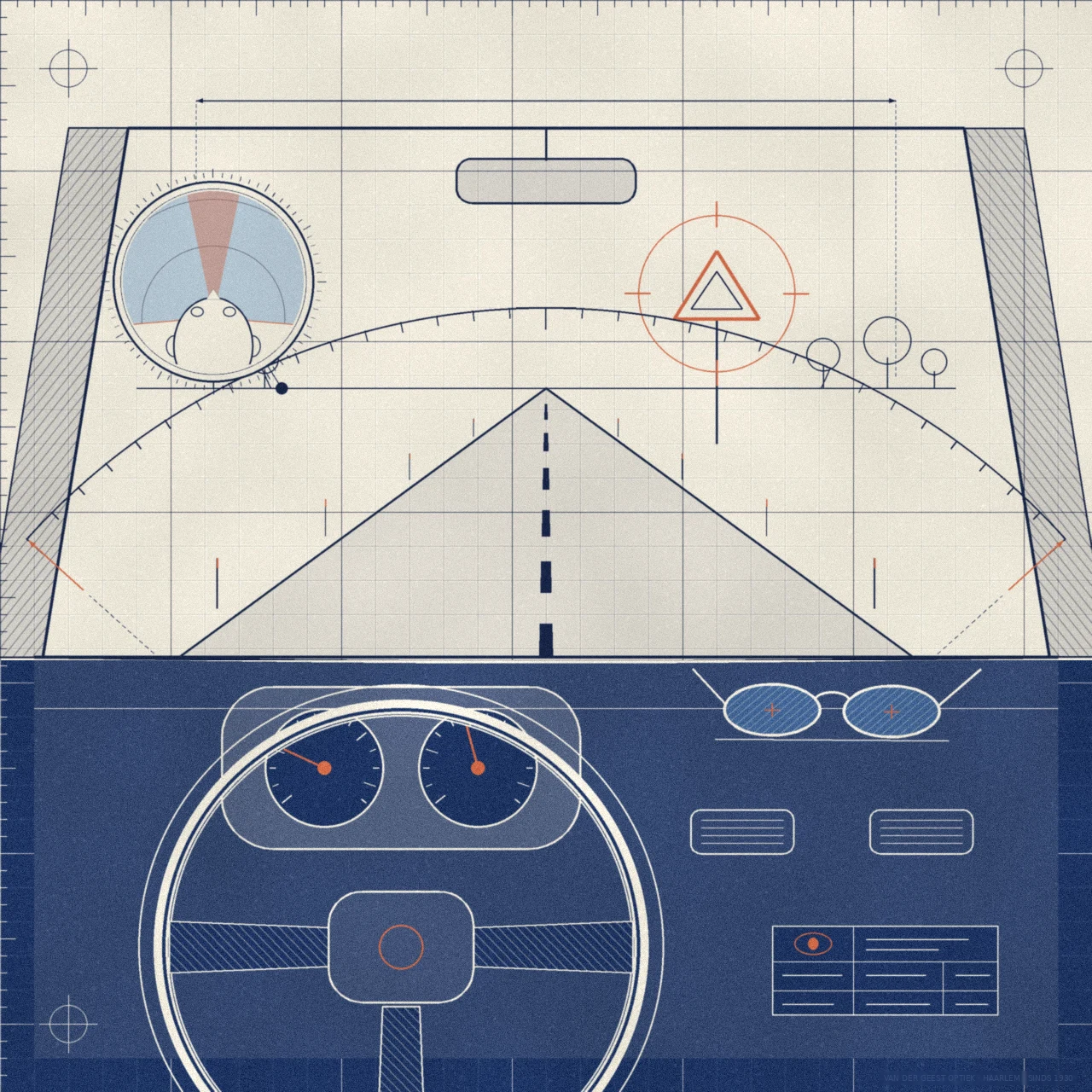 bftb21_03 Technische tekening van het zicht vanuit de auto met weg, verkeersbord, gezichtsveldboog en een bril op het dashboard