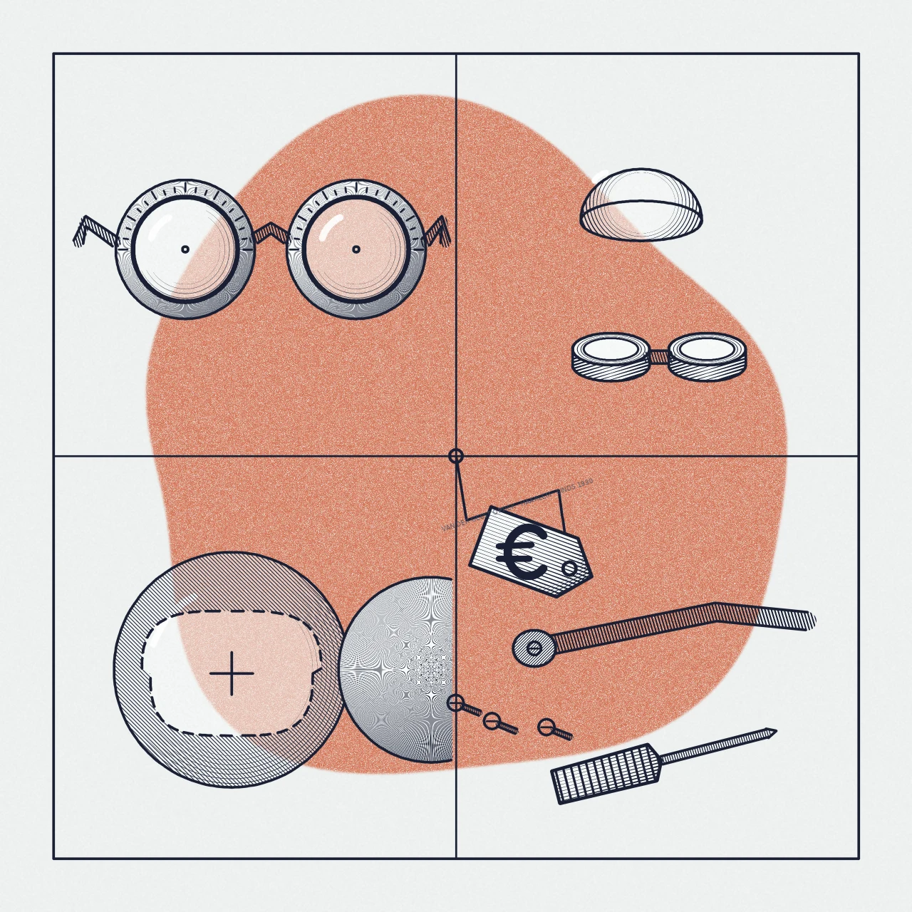 bftb21_03 Gravure van vier diensten van de opticien: meetbril, contactlens met lenzendoosje, glas slijpen en bril repareren, met een prijskaartje (tarieven opticien)