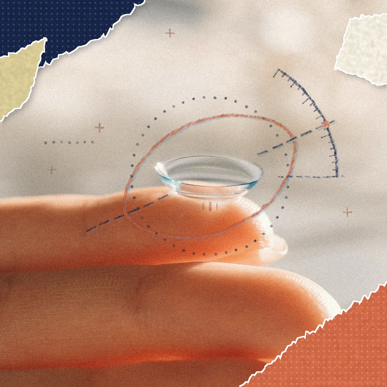 Contactlens op een vingertop met getekende cilinder-as, gradenboog en een uitgerekte ovaal als teken voor astigmatisme