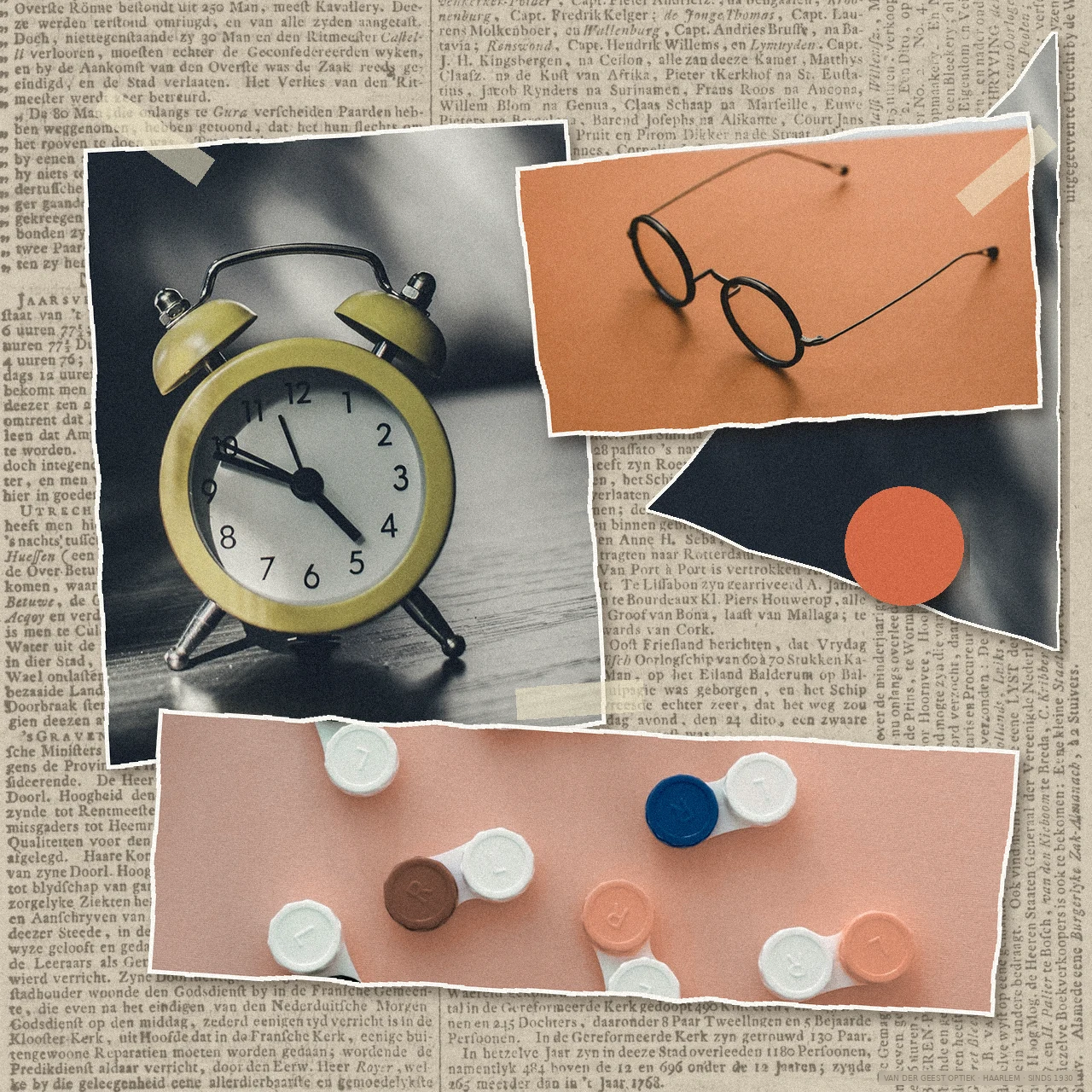 Collage voor de voorbereiding oogmeting: een wekker, een ronde bril en een rij lenzendoosjes op een oude Haarlemse krant